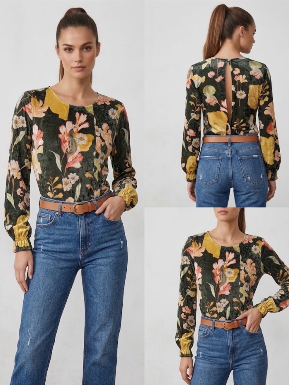 Preloved velvet floral bodysuit Zara Small
